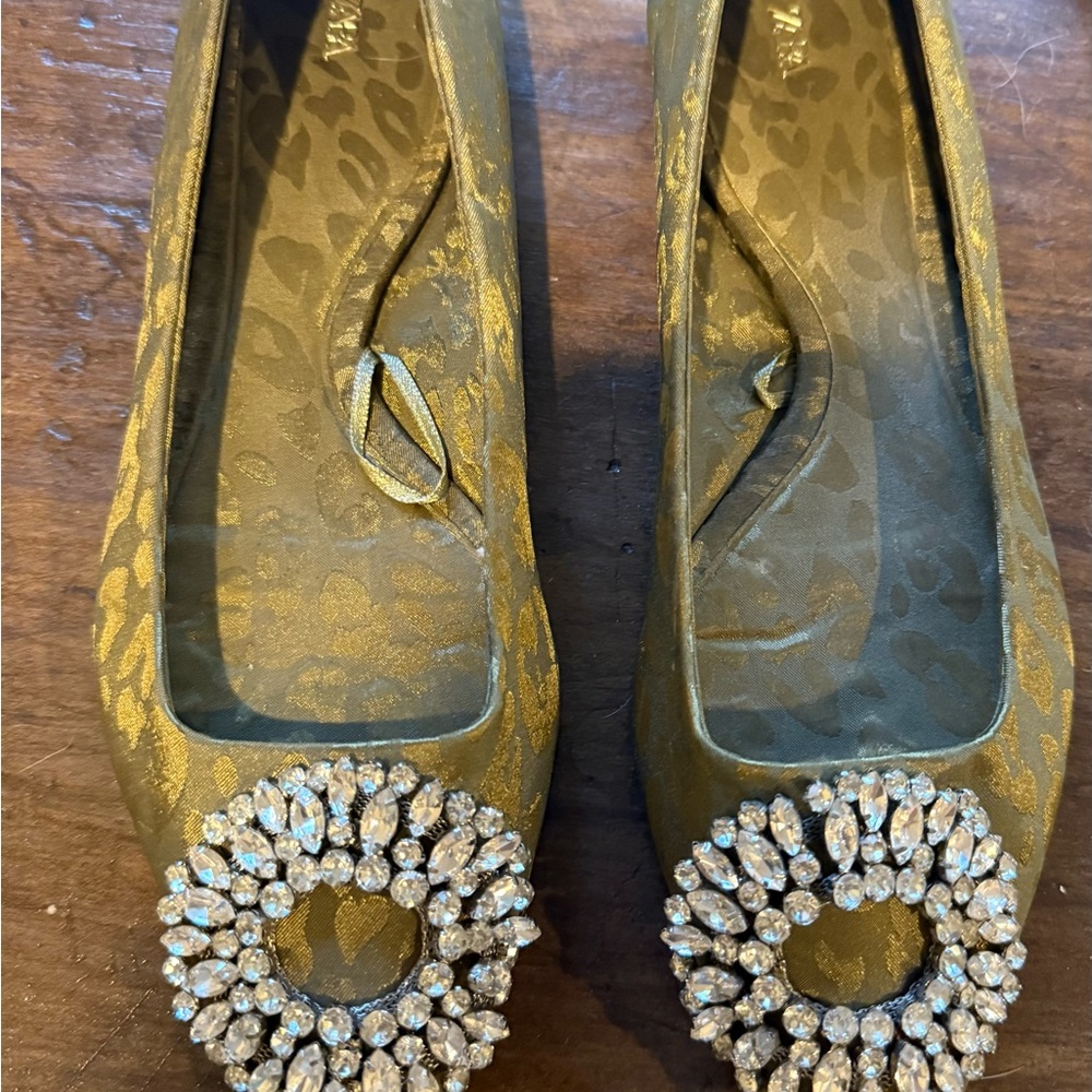 Zara Olive Green Embellished Flats